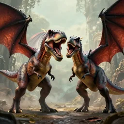 photo of a t-rex fighting a dragon