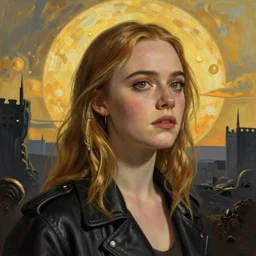 Elle Fanning in the painted world of Blade Runner and Bruce Pennington, head and shoulders masterpiece, apocalypse, golden hour, cosmic horror, artstation, in the style of Andrew Wyeth and Edward Hopper and Bosch, extremely detailed