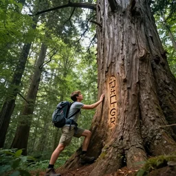 a young hiker accidentally carves his name into the bark at the base of a gigantic ancient tree ent creature's leg, which looks down at him from high above angrily, trending on artstation hyperreal - h 1 0 2 4