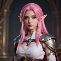 attractive cleric half elf woman with pink hair, beautiful, 4 k, 8 k, unreal render, cinematic lighting