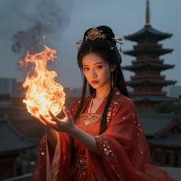 face female portrait, hapa sorceress casting a fireball in front of a pagoda, by Ilya Kuvshinov