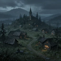 small lovecraftian villiage, beautiful, dusk, trending on artstation