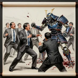 highly detailed realistic sketch of UN members in suits yelling at a cyborg samurai, killing each-other , bloody , fear and anger in their eyes, colored , award winning , masterpiece on a scroll , post-processing