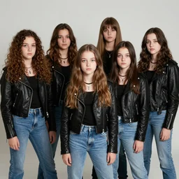 group of 1 9 - year - old girls wearing black leather jackets and denim jeans, long wavy hair, proto - metal band promo, band promo, hard rock band, 1 9 7 0 photograph
