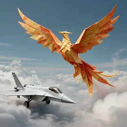 origami phoenix soaring above the clouds beside a fighter jet, concept art, trending on artstation, wlop, ross draws, digital painting, mixed media, intricate details, volumetric lighting