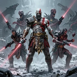 concept art of kratos, lovecraftian, lots of teeth, melting horror, fighting the horrors of the unknown with laser guns, by greg rutkowski, by anton fadeev, by rhads, 4 k, cyber punk style, snow, very coherent symmetrical artwork, cinematic, hyper realism, high detail, octane render, unreal engine, 8 k