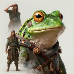 frog head, natural light, dissolution filter ,turbulence filter, costume design made by nordic tribes, sophisticated composition, old masters light composition, artist reference images pose, procedurally generated, epic human character posing for concept art, beautiful creative space behind, substance designer, PBR, HD, Ultra detailed, hyperrealistic, megascans, volumetric light, concept by master artist, made in paint tool SAI2, trending pixiv face