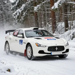 a 1 9 9 7 maserati ghibli ii cup, racing through a rally stage in a snowy forest