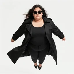 thick chubby filipina amihan superhero, long black trench coat, sunglasses, fully clothed, exaggerated perspective, flying toward camera, beautiful detailed face, bright blue hair, action pose, comic book style, highly detailed, dynamic shadows, dynamic lighting, geoff johns, jason fabok, jason fabok, brad anderson, splash art