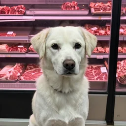 blind dog in a meat house,