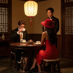 in a dimly lit room, lit by a chinese lantern, at a table with a leg in the form of an elephant sit a tanned, long - haired brunette in a pearl necklace and a red dress and red hat, who sits with her back, and a young short - haired brown - haired man in a tailcoat and white shirt, who drinks coffee, stands behind chinese servant