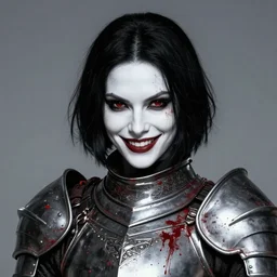 a photo of head and shoulders portrait of a female knight, black bob hair, evil smirk, white skin, splattered blood, beautiful, ornamental armor, sigma 8 5 mm, nuri iyem, james gurney, james jean, greg rutkowski, anato finnstark.