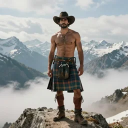 a homoerotic portrait by greg rutkowski and albert bierstadt of a shirtless rugged handsome desi hiker on a mountain peak | he is wearing a tartan kilt, cowboy hat, and leather boots | background is snowy mountains and clouds | detailed face, visible face, dramatic, ethereal, dreamlike | trending on artstation