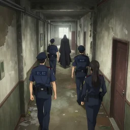 police men following a mage in a dilapidated building hallway, digital painting, screenshot of anime, art yoh yoshinari, long shot
