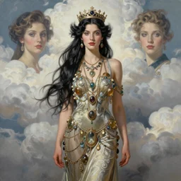 a beautiful raven woman, pinup pose, long hair, tall and thin, wearing dozens of pendants and a gown, small delicate realistically rendered crown on her head, illustration, symmetry accurate features, volumetric light clouds, ultra realist soft painting, (art nouveau), octane render, 8k, HD, by Tom Bagshaw, Brom, Charlie Bowater, faces by otto schmidt