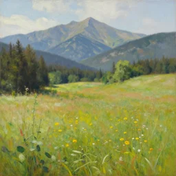 landscape painting of meadows with mountainrange in background, nature, summer, fine details, magali villeneuve, artgerm, rutkowski