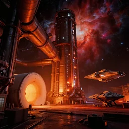 low key lighting hot colours, chiaroscuro, hyperreal deep space dock mining platform with massive piping inspired by nuclear reactor core maschinen krieger mri machine, chris foss, peter elson, millennium falcon space-station Vuutun Palaa submarine, space-station Vuutun Palaa, ilm, beeple, star citizen halo, mass effect, starship troopers, elysium, the expanse, iron smelting pits, high tech industrial, dramatic nebula sky, volumetric lighting