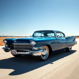 a deep blue glossy cadillac 1 9 5 7 coupe as off a bugatti bertone, long shot, daylight, nikon photography, 3 5 mm