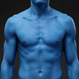 everything is blue, skin is detailed and has multiple scars