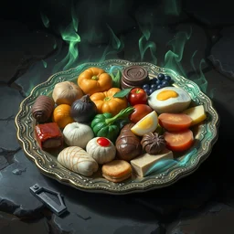 a magic plate of many foods artifact magical item study object research object notes intricate digital painting trending on artstation by wlop octane render