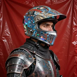 portrait of a knight in a ornate motorcycle dirt helmet synthesized hologram net circuitboard, background red plastic bag, rich deep colors, by francis bacon, james ginn, petra courtright, jenny saville, gerhard richter, zdzisaw beksinsk, takato yamamoto. masterpiece, i elegant fashion studio ighting 3 5