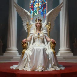 monumental epic legends fantasy painting of throne room with red ground and the queen sit with long white dress and ritual summun guardian angel gemstone incrusted in crown and white colone like greek temple volume lighting dark fog ray stained glass matte Photorealistic cinematic volume lighting artstation fanart contrast by Jason Felix by Steve Argyle by Tyler Jacobson by Peter Mohrbacher