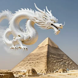 luxurious white chinese dragon hovering side of a cyberpunk egyptian pyramid, by greg rutkowski, james jean, peter mohrbacher, rule of thirds, sigma look, beautiful, intricate, majestic, award winning