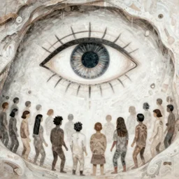an ancient cave painting of a giant eye floating above a crowd of people, abstract, primitive