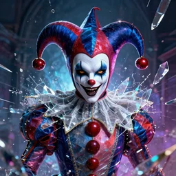 impressive ominous cinematic fine portrait photo of a court jester!! rigid shattered crystal shard glitch volumetric dynamic fluid simulation lighting impressive masterpiece hyper ultra detailed intricate sharp focus 8 k realistic illustration canon eos r 3 fujifilm x - t 3 0 sony alpha, by james gurney tooth wu artgerm colorful!!!, trending on artstation behance cgsociety closeup