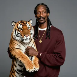 Snoop Dogg holding a tiger for a 1990s sitcom tv show, Studio Photograph, portrait, C 12.0