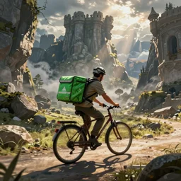 a bicycle food delivery worker with a green bag on his back in Portugal, hearthstone art style, epic fantasy style art by Craig Mullins, fantasy epic digital art, epic fantasy card game art by Greg Rutkowski