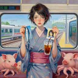 tall emo female artist holding small portraits and fish on a train, wearing a kimono, on yamanote line in japan, tokyo station, summer, sweat, ice coffee, pigs, octopus, acrylic on canvas, surrealist, by magritte and monet