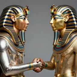 photo portrait close up of a time traveler in a metallic suit from the future meeting an alive pharaoh king, excitedly shaking hands, very detailed, studio lighting, symmetrical faces, award-winning