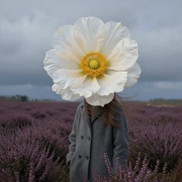 portrait, large flower head, a girl wearing a coat in heather field, surreal photography, wind and cold, dramatic sky, impressionist painting, digital painting, artstation, simon stalenhag