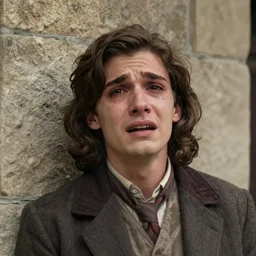 Portrait of an utterly terrified young man on the verge of panic tears in 1930s attire with long hair cornered against a stone wall. He looks utterly panicked and distressed. 4K sigma 85mm