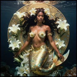 film still, eastman exr 5 0 d 5 2 4 5 / 7 2 4 5, underwater photography full body portrait of a dark skin mermaid haitian goddess, white lilies, intricate, sensual features, daylight, dewy skin, reflective skin, highly detailed, divine holy perfection!! artstation, smooth, sharp focus, warm lighting, illustration, art by artgerm and greg rutkowski and alphonse mucha