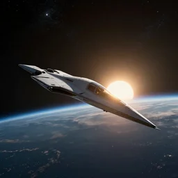 still of a sleek, thin, triangular symmetrical spaceship, orbiting a planet with the sun cresting on the horizon. detailed starry background, star citizen game render, 8 k, unreal engine, nvidia 3 0 8 0 graphics