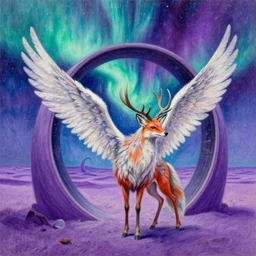 a colored - pencil oil drawing of an auroral cosmic hyperspace winged feather - covered deer - fox - griffon stands in the stargate portal in a vast purple desert, vibrant sci - fi oil painting, highly detailed fantasy scenery