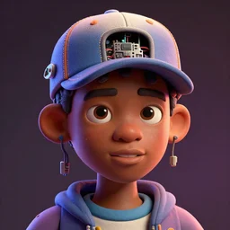 colourful vfx - caricature style - portrait - art of an african boy wearing a baseball cap with wires and computer chips dangling from its inside, hsiao - ron cheng style art, volumetric light, dramatic lighting, ray tracing, digital illustration, claymation style, unreal engine render, sharp, intricate detail, behance, artstation, pinterest,
