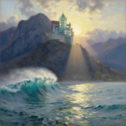 oil painting of glass castle in dawn by anders zorn, wonderful art by greg rutkowski, incredible lighting, shadows, beautiful cinematic light, american romanticism by greg manchess, tall rocky mountains and storm clouds, sun rays, sunshine, bright sunny summer day, tall backlit waves, wild water, reflections and refraction
