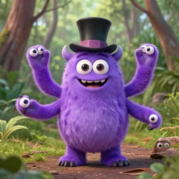 a photo of a friendly violet monster with 6 arms and 10 eyes wearing a top hat  smiling in an australian bush forest
