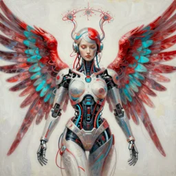 a beautiful painting a portrait of cyborg angel, symetrical scene, symetric character, wires, fractal, trending in artstation, octane render, red and cyan, 8 k, by peter mohrbacher, zaha hadi