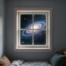 a window in a small boys room, the universe can be seen through it, digital art
