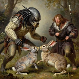 detailed oil painting of predator fighting the rabbit from monty python and the holy grail, intricate, highly detailed by simon stalenhag and jan van eyck and mark brooks