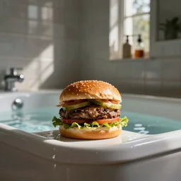 a hamburger in the hot tub, bathroom, photo.