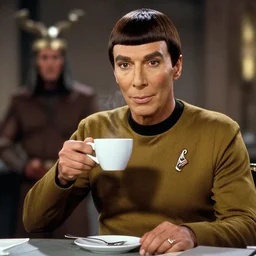 photo of mr spock drinking coffee with a klingon, cinematic, movie still