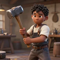realistic 3 d render of blacksmith kid holding big hammer, unreal engine 5