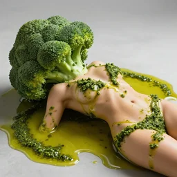 the sensual goddess of broccoli wearing pesto, in a puddle of olive oil
