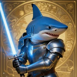 oil matte portrait, blue thresher shark wearing plate armor, shark head, holding a lightsaber, fantasy, wonderful masterpiece highly detailed, scifi, beautiful cinematic light deep focus, elegant, digital painting, smooth, sharp focus, golden ratio, dramatic illumination, ultra realistic, 8 k, art by ilya kuvshinov, artgerm, alphonse mucha, and greg rutkowski