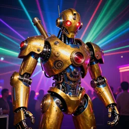 scene is la troya party in amnesia in ibiza, portrait photo of a giant huge golden and blue metal steampunk robot, with futuristic gears and tubes, eyes are glowing red lightbulbs, shiny crisp finish, 3 d render, 8 k, insaneley detailed, fluorescent colors, haluzinogetic, background is multicolored lasershow